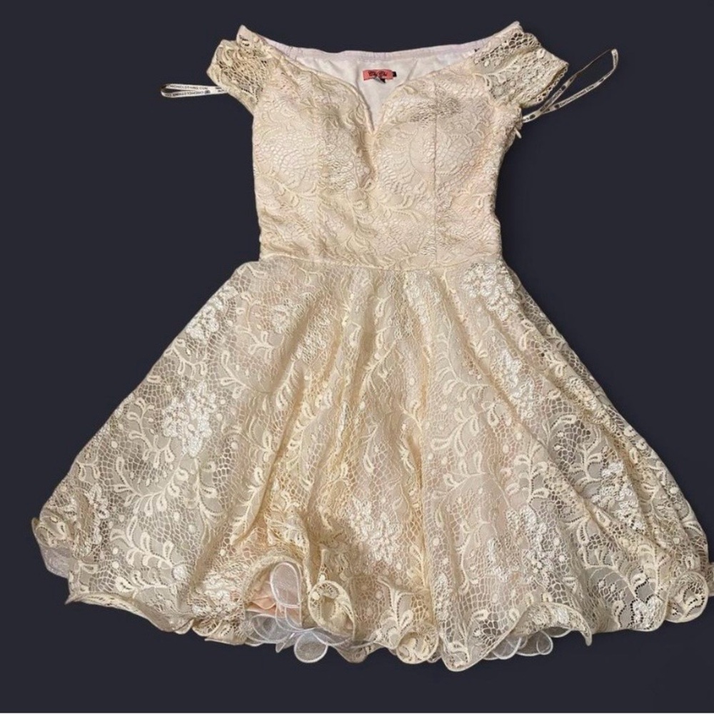 Chi Chi London Champagne Lace Off-Shoulder Fit-and-Flare Dress